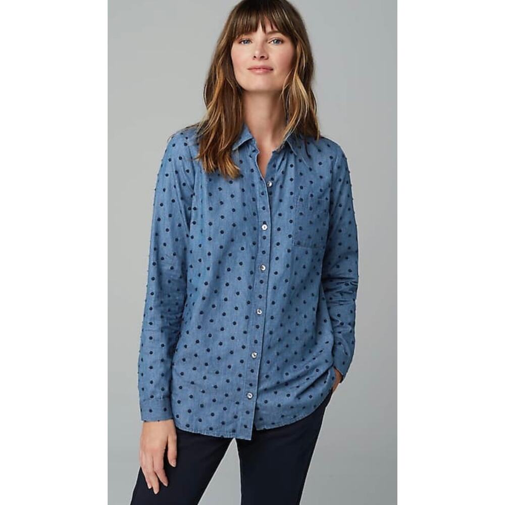 J Jill Denim Womens Button Up Shirt in Westerly Wash/Navy‎ Blue Polka Dot Sz XS